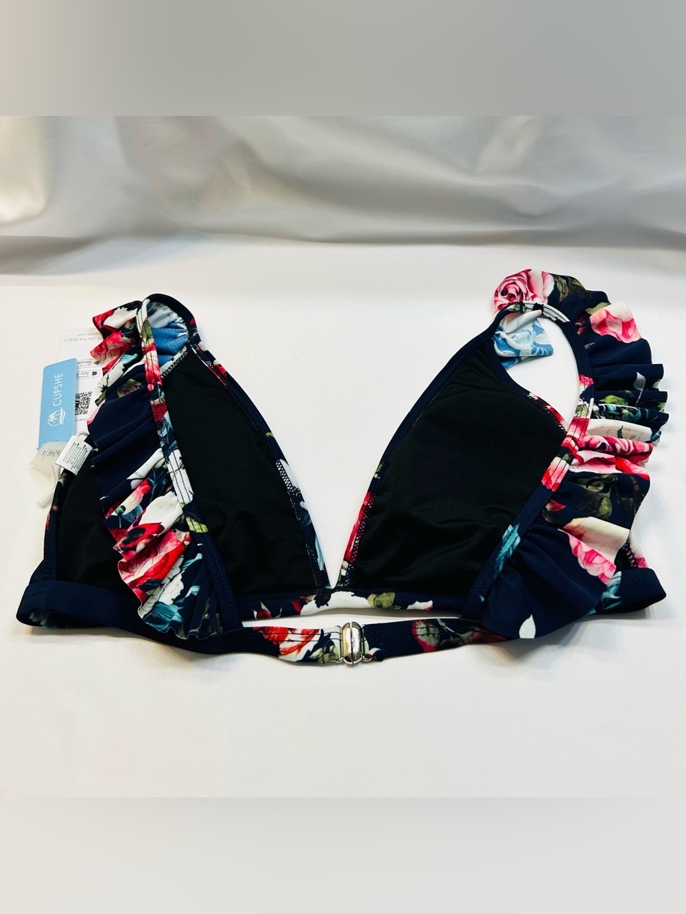 Cupshe Navy Floral Ruffle Triangle Bikini Top with Red Roses. New With Tags - Picture 6 of 6